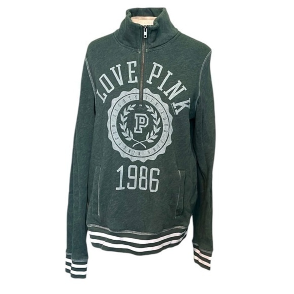 PINK Victoria’s Secret long sleeve quarter zip shirt green/white, size medium